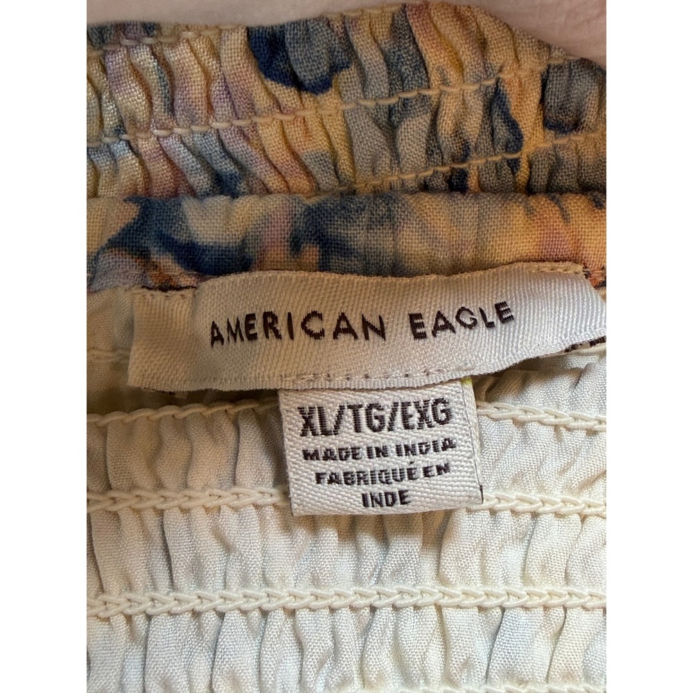 American Eagle Floral Off Shoulder Crop Top Blue White Smocked Back XL - Picture 4 of 5